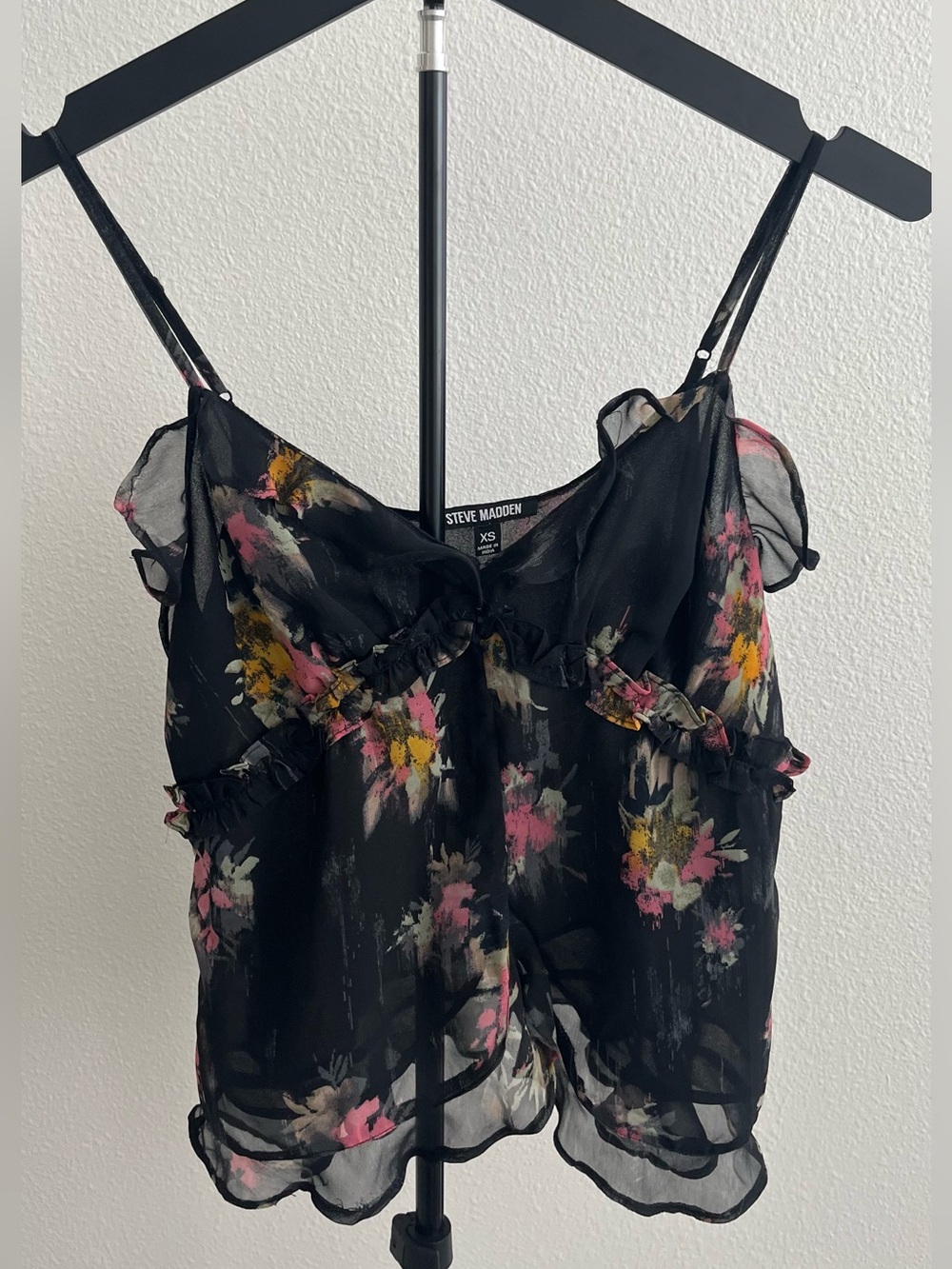 Steve Madden Black Floral Ruffle Camisole